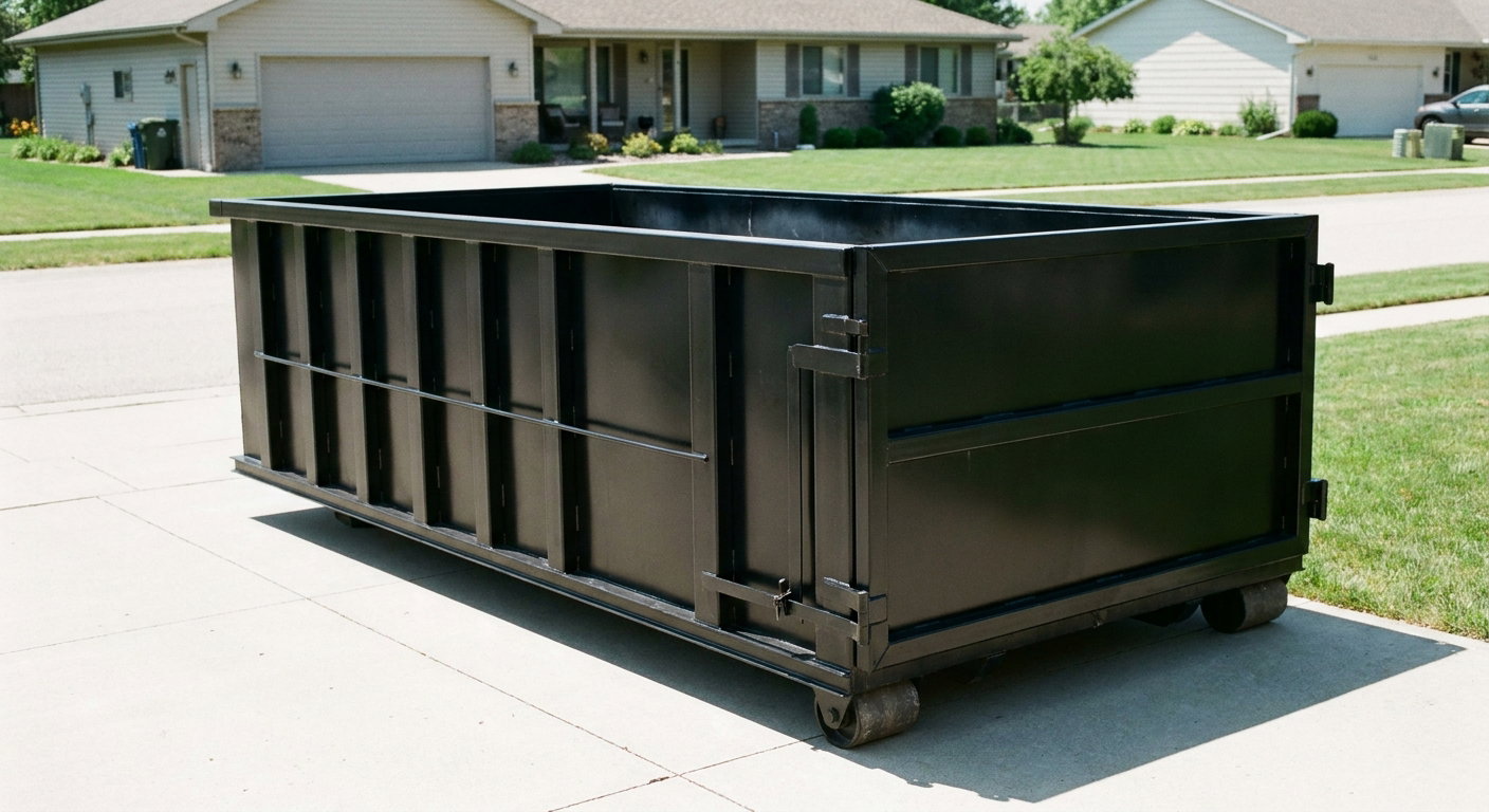 Matte-black 10-yard roll-off dumpster on a residential concrete driveway in New Orleans, uniformly painted matte black across every panel and rail, ribbed steel sidewalls and rear swing door visible, mid-day daylight.