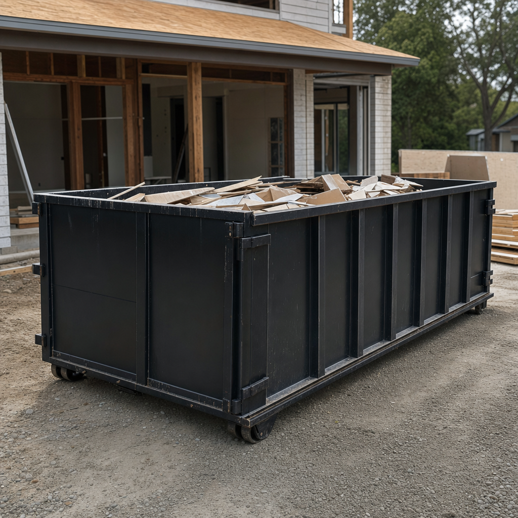 Large matte-black 30-yard construction roll-off dumpster at an active New Orleans jobsite, steel-gray top rails and bottom rollers visible, loaded with construction debris.
