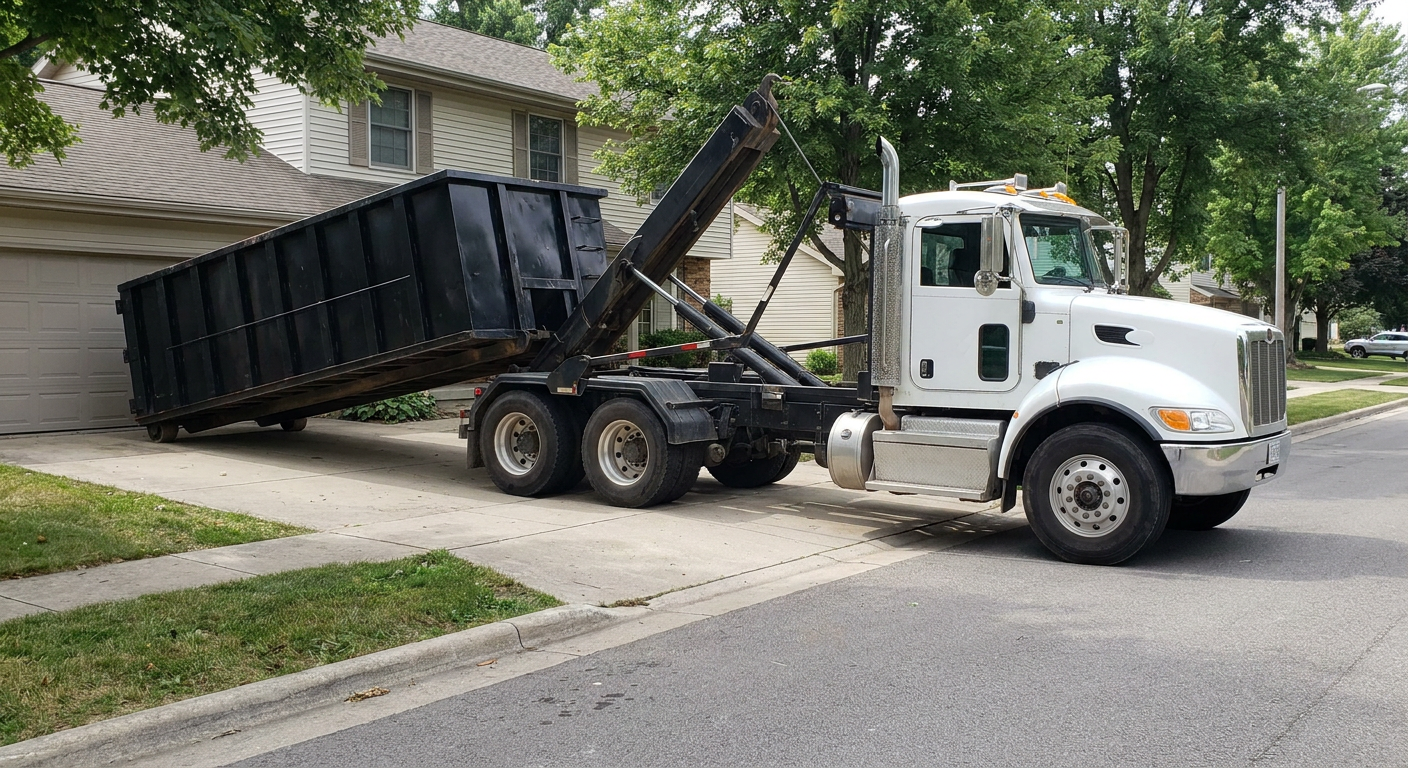 White-cab hooklift roll-off truck actively lowering a matte-black dumpster onto a New Orleans residential concrete driveway, the dumpster's rear wheels touching the driveway as the hoist arm tilts the bed forward, mid-morning daylight.