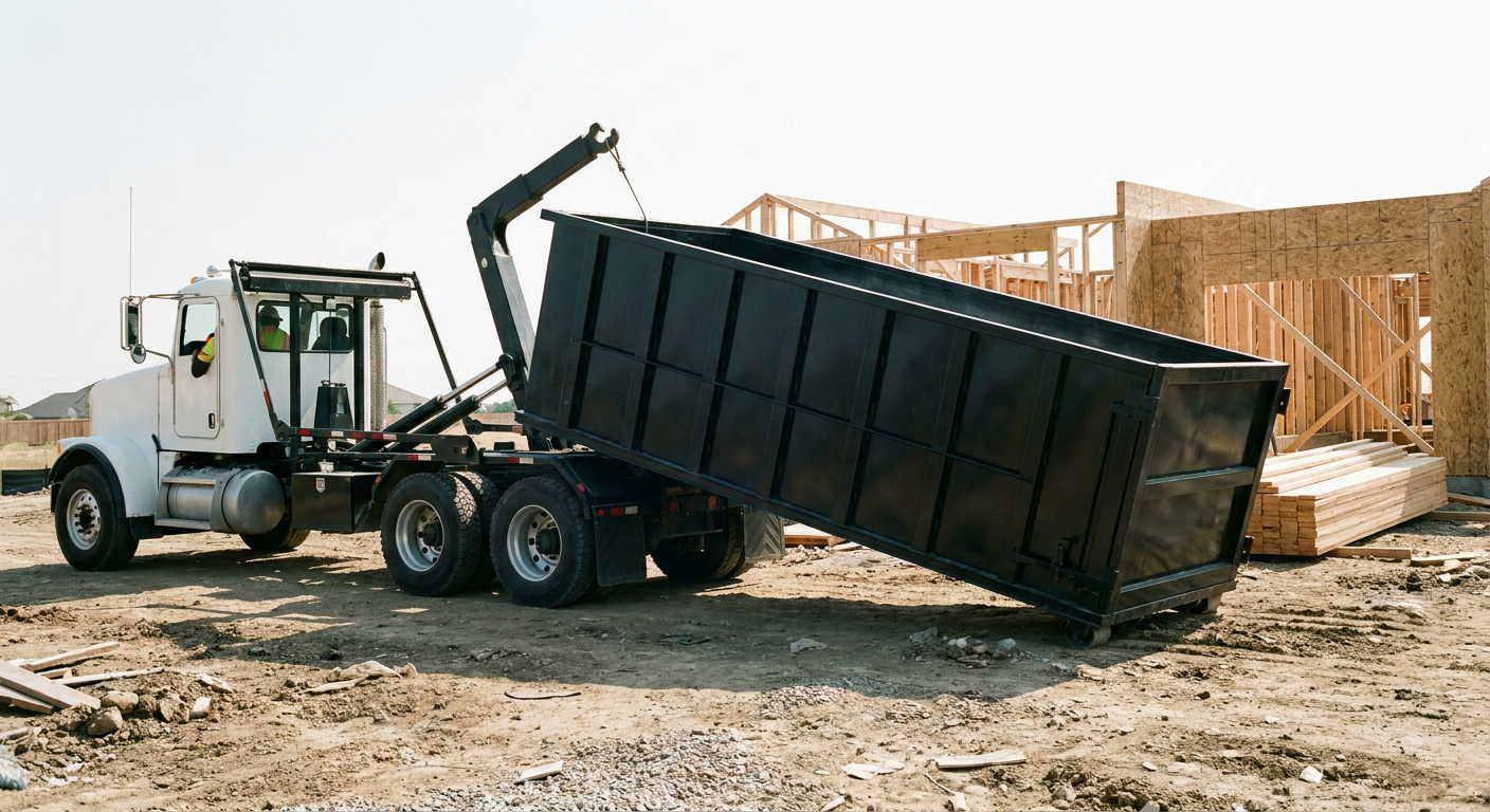 Matte-black roll-off dumpster being delivered onto a clean residential concrete driveway in New Orleans by an unmarked white hooklift hauler truck, bright morning daylight, documentary 35mm perspective.